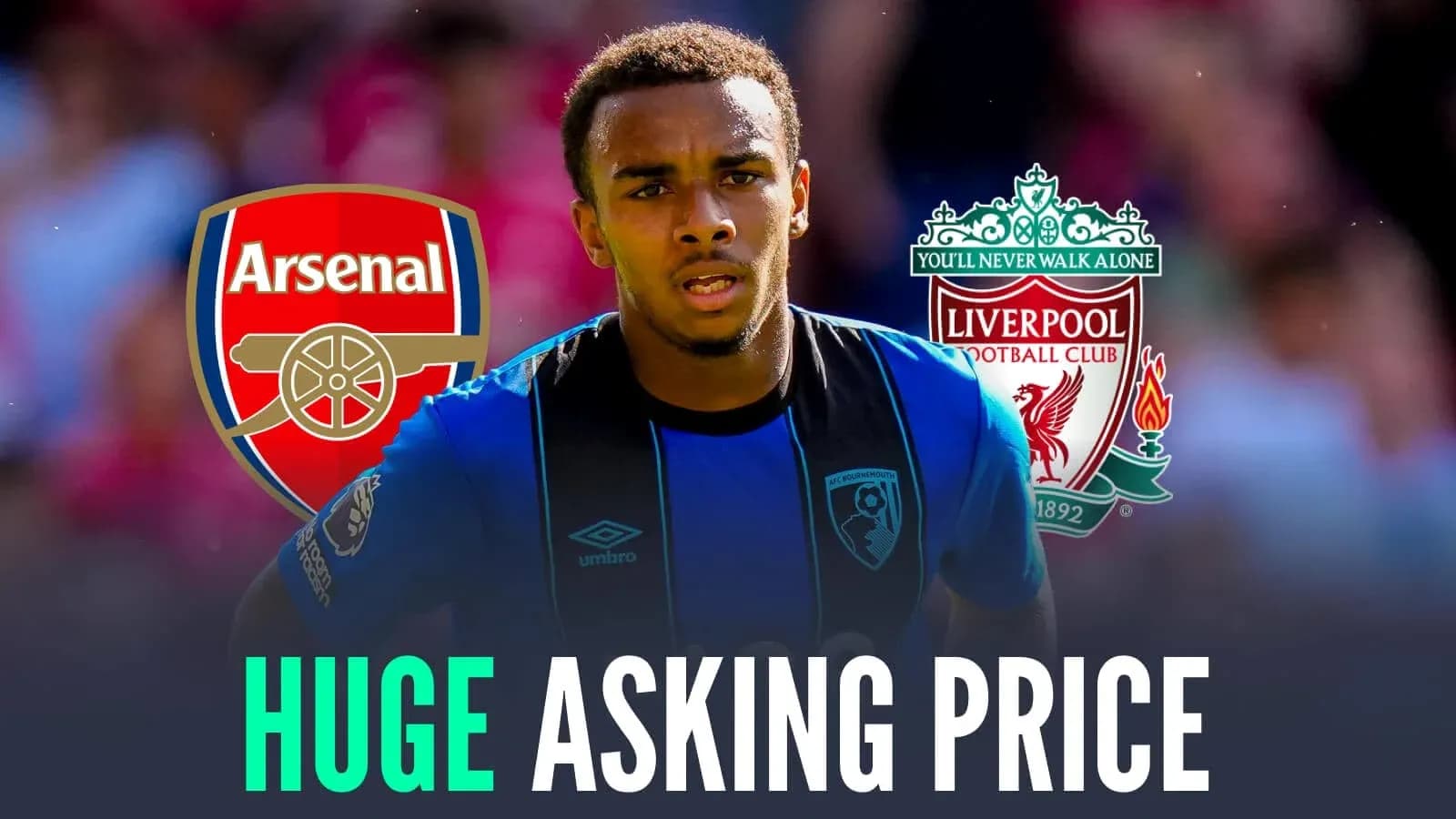 Jugador de Bournemouth entre logos de Arsenal y Liverpool