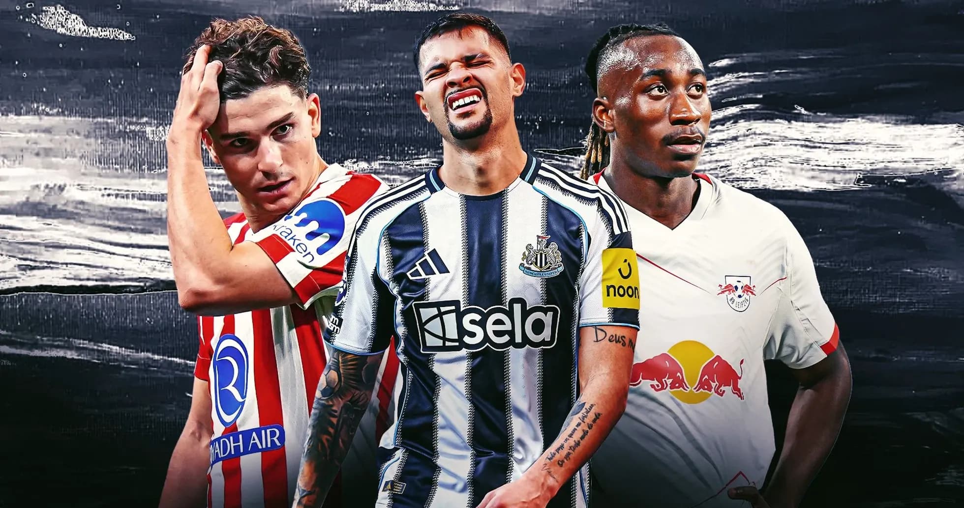 Tres jugadores de fútbol en camisetas de sus equipos