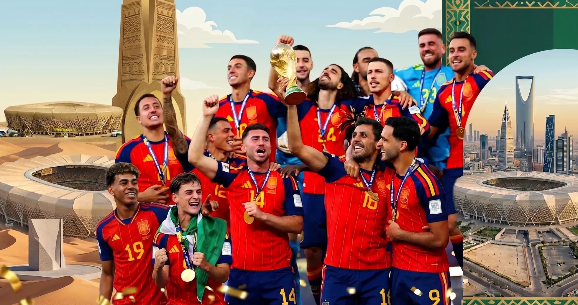 Jugadores de España celebrando con el trofeo de la Copa