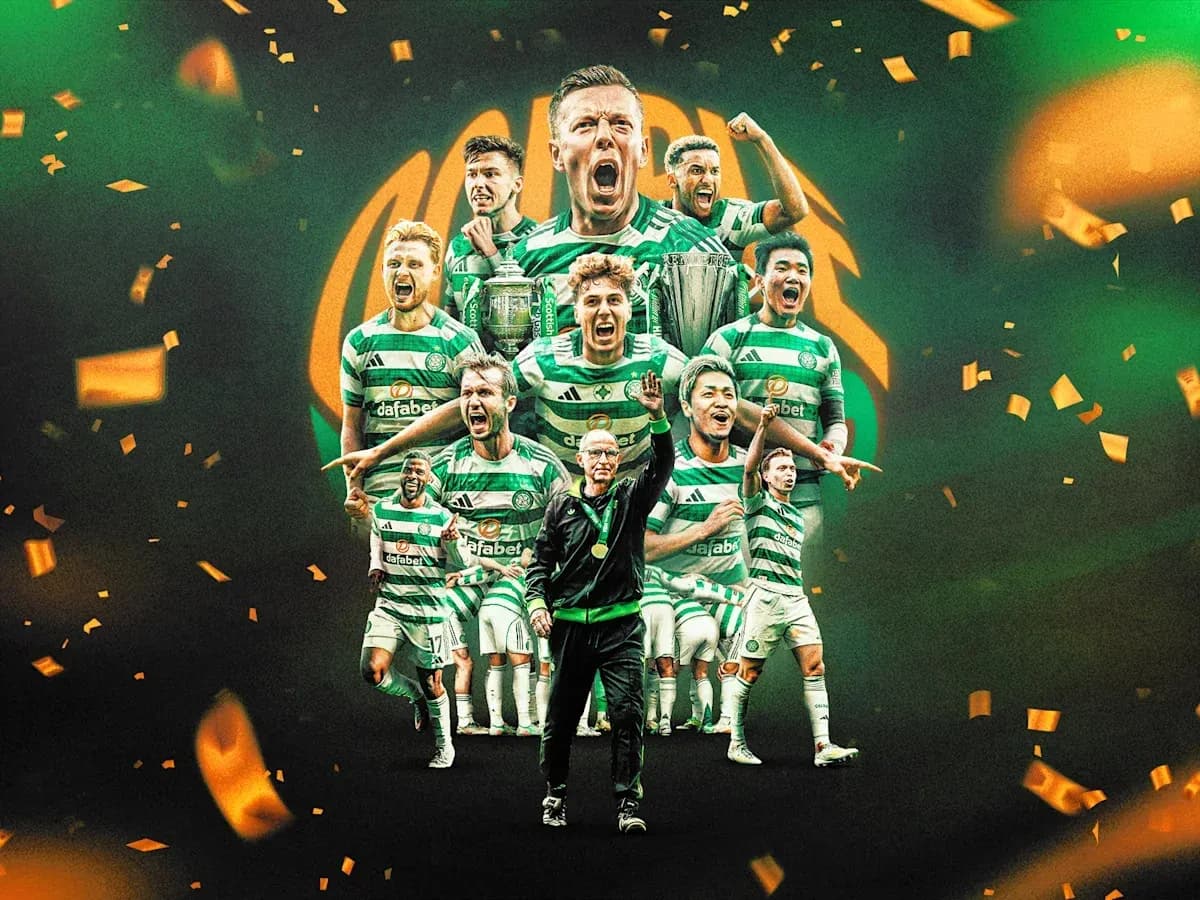 Jugadores de Celtic celebrando con trofeo y confeti