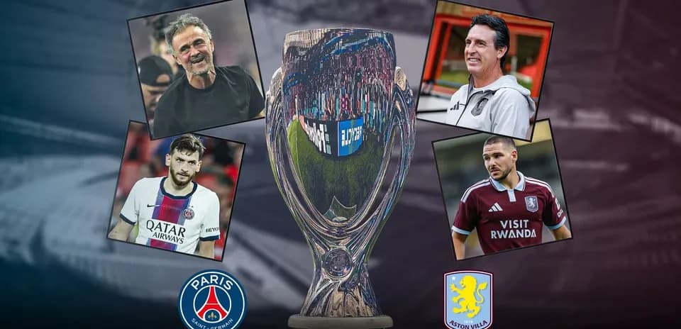 Entrenadores y jugadores con trofeo de la Supercopa