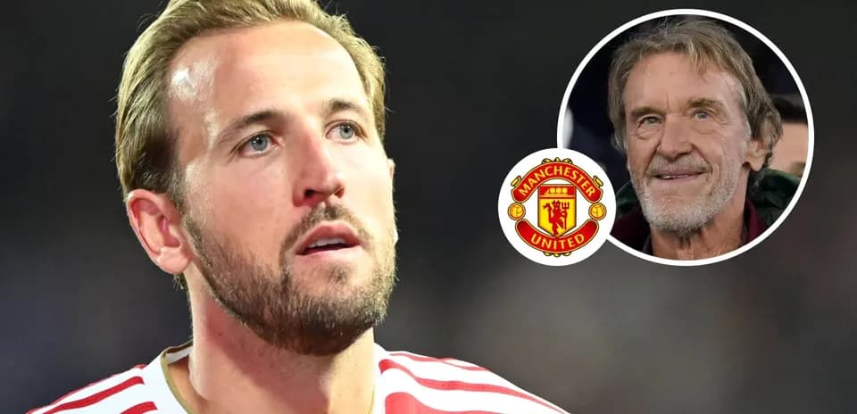 Harry Kane con logo de Manchester United y otra persona