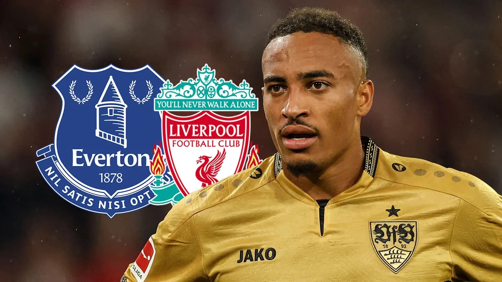 Jugador con camisón dorado frente a logotipos de Everton y Liverpool