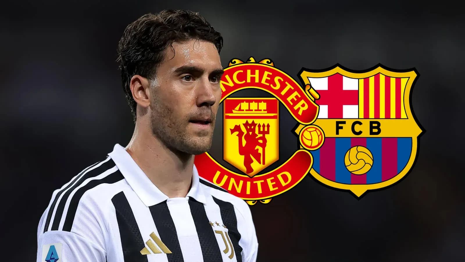 Jugador de Juventus con logotipos de Manchester United y Barcelona
