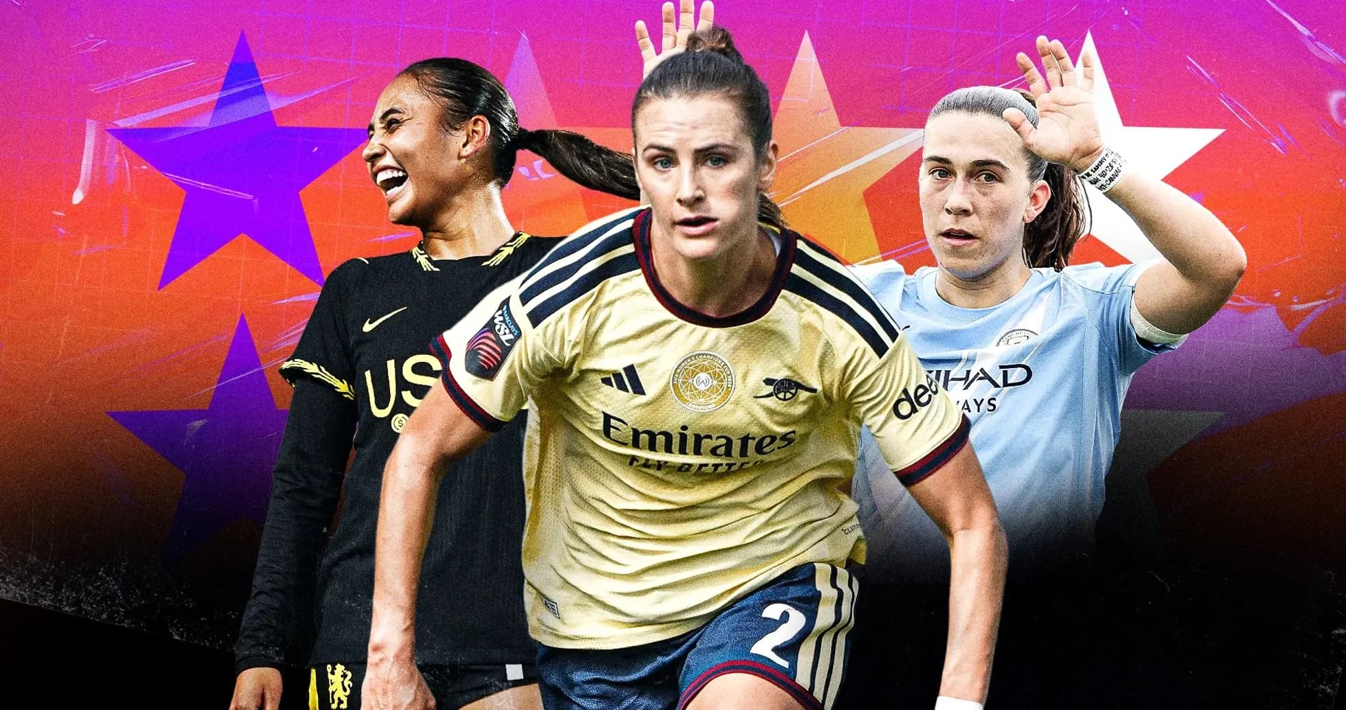 Tres jugadoras de fútbol en acción con fondo colorido