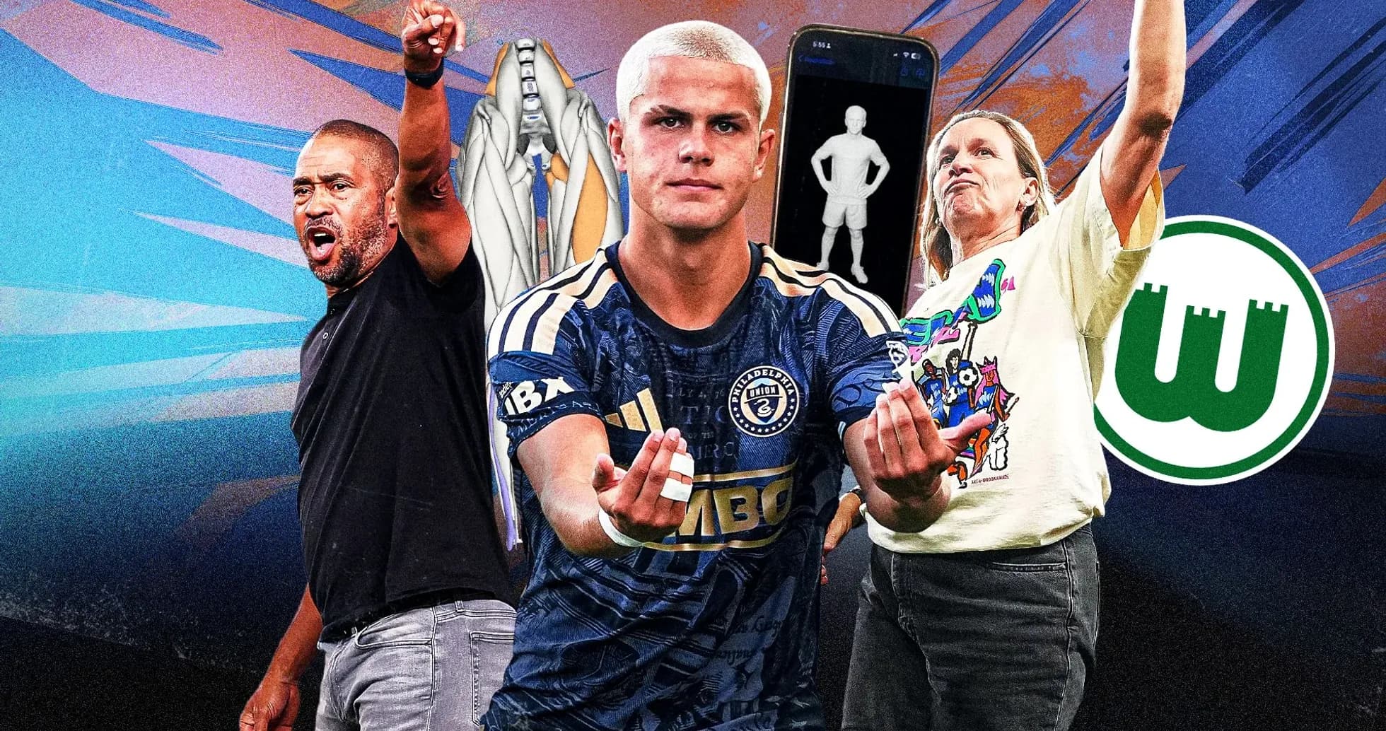 Jugadores y aficionados celebrando en fondo colorido
