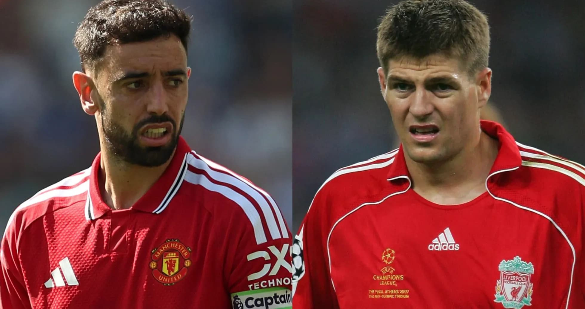 Bruno Fernandes y Steven Gerrard en camisetas de sus equipos