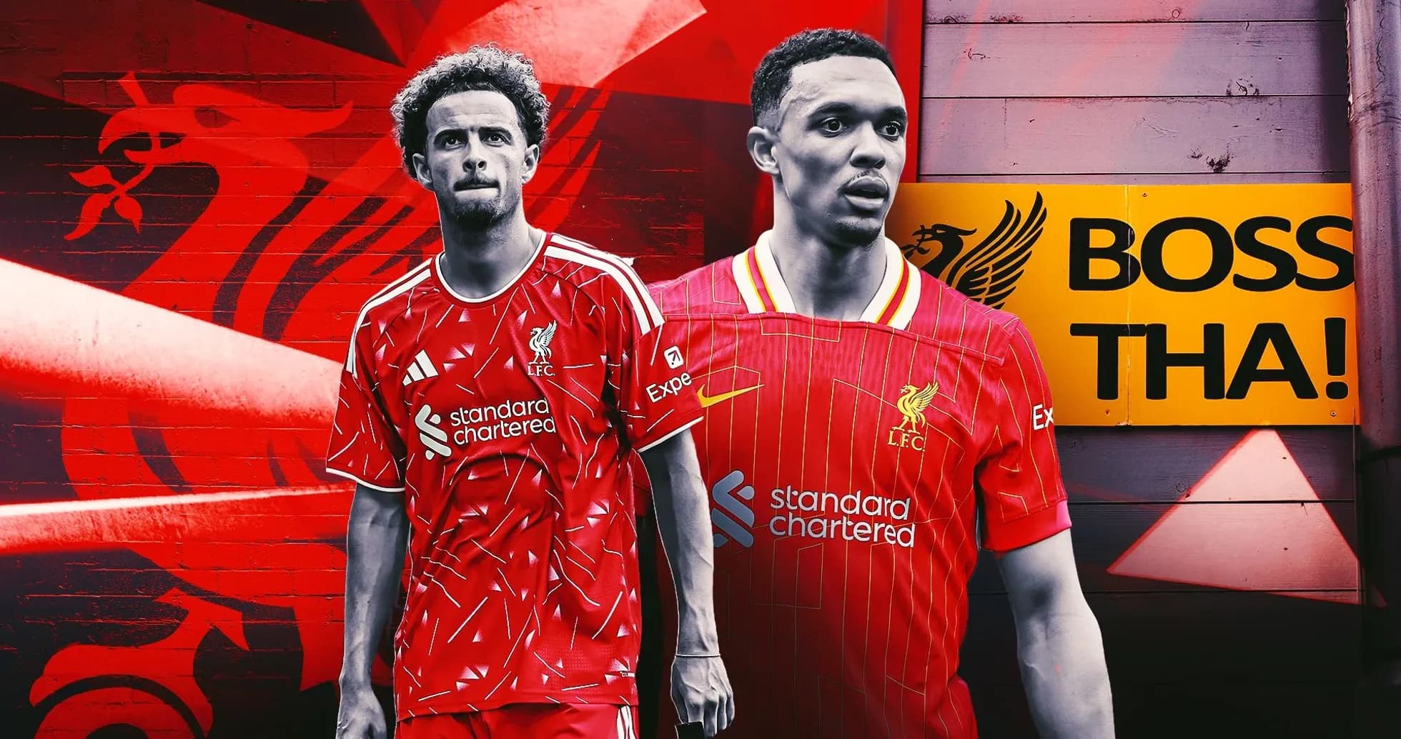 Jugadores de Liverpool en uniforme frente a mural