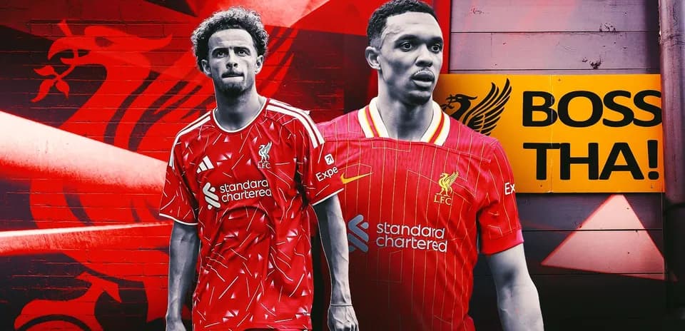 Jugadores de Liverpool en uniforme frente a mural