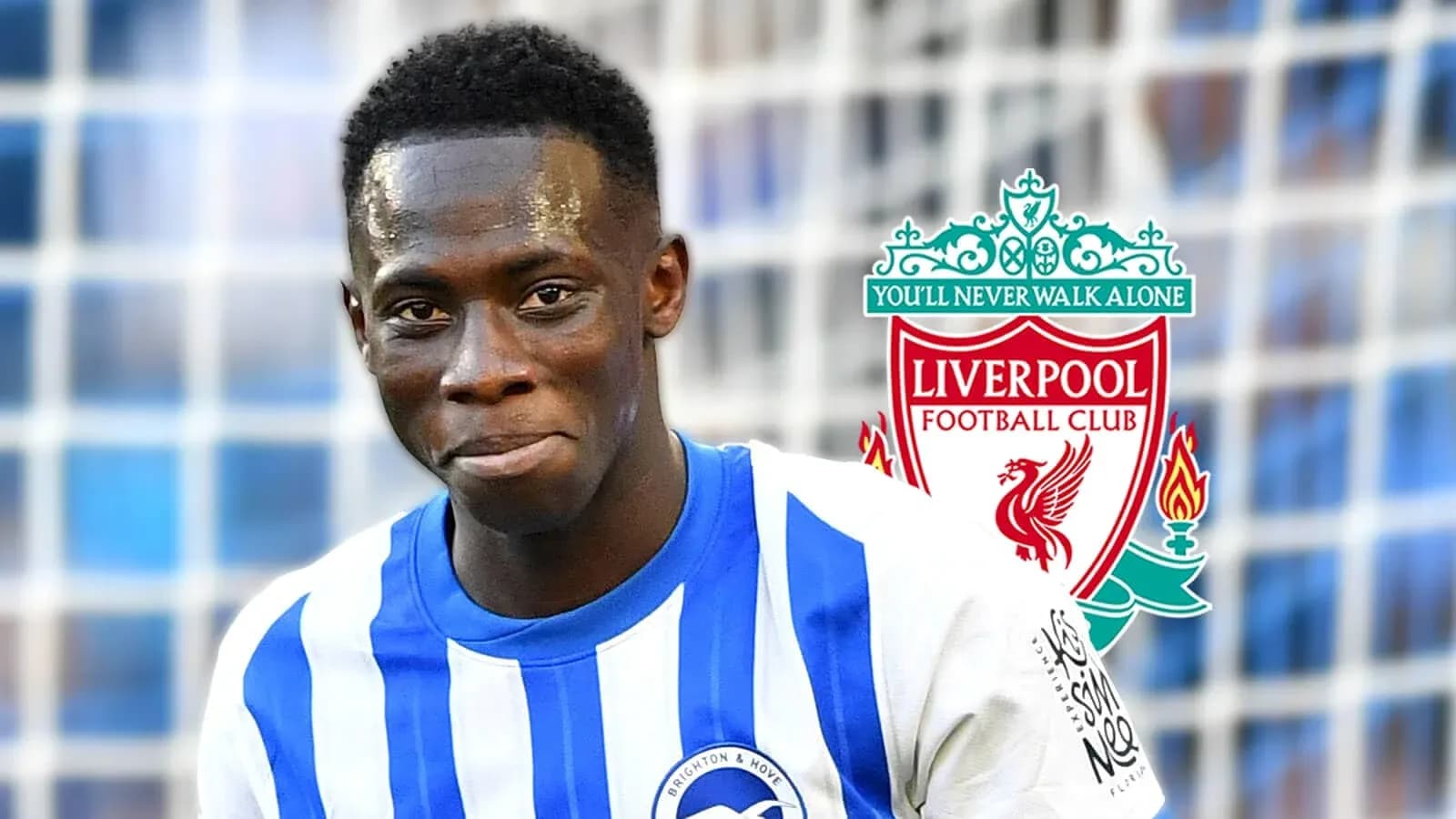 Jugador de Brighton sonriendo con logo de Liverpool