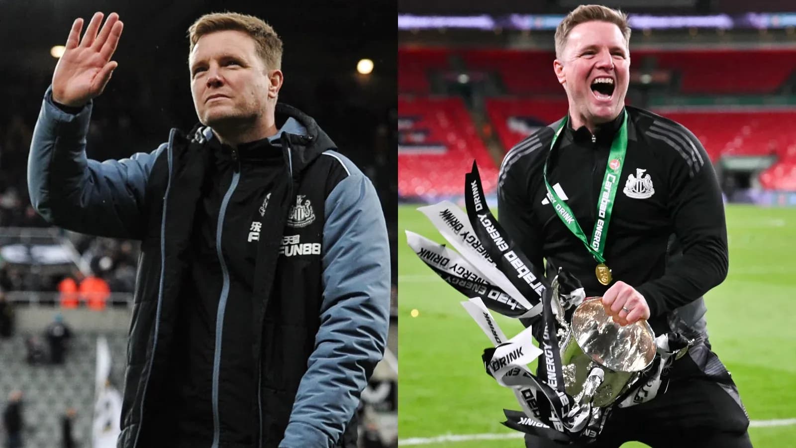 Entrenador de Newcastle United celebrando un trofeo