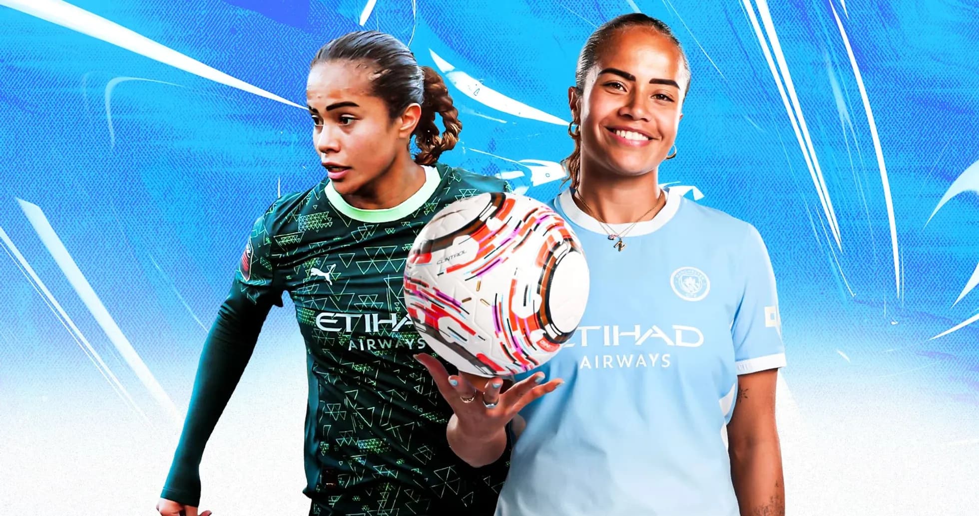 Jugadora sosteniendo balón en uniforme de Manchester City