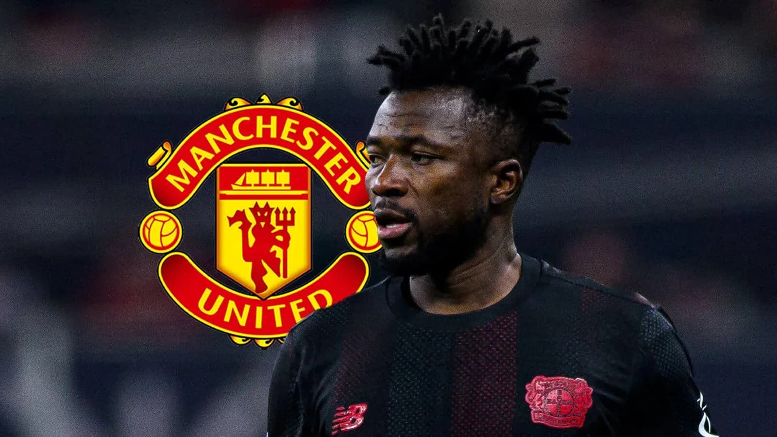 Jugador de fútbol con logo de Manchester United de fondo