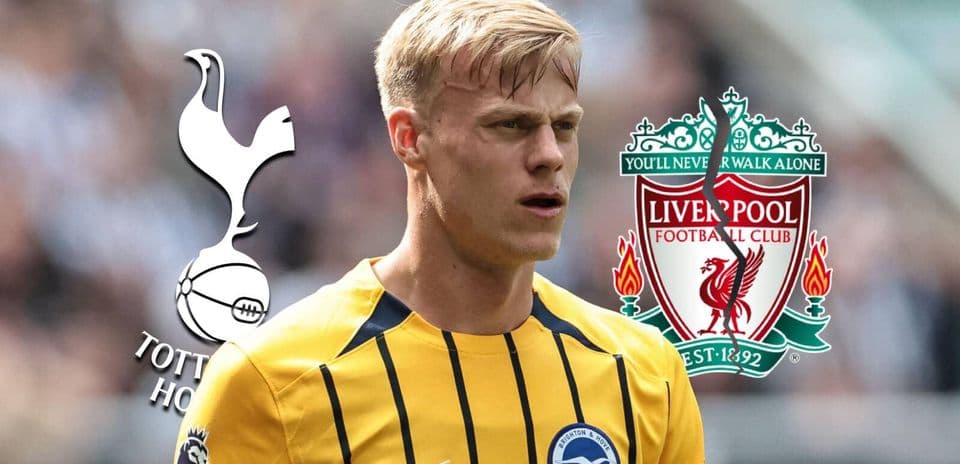 Jugador con camiseta de Brighton, logos de Tottenham y Liverpool