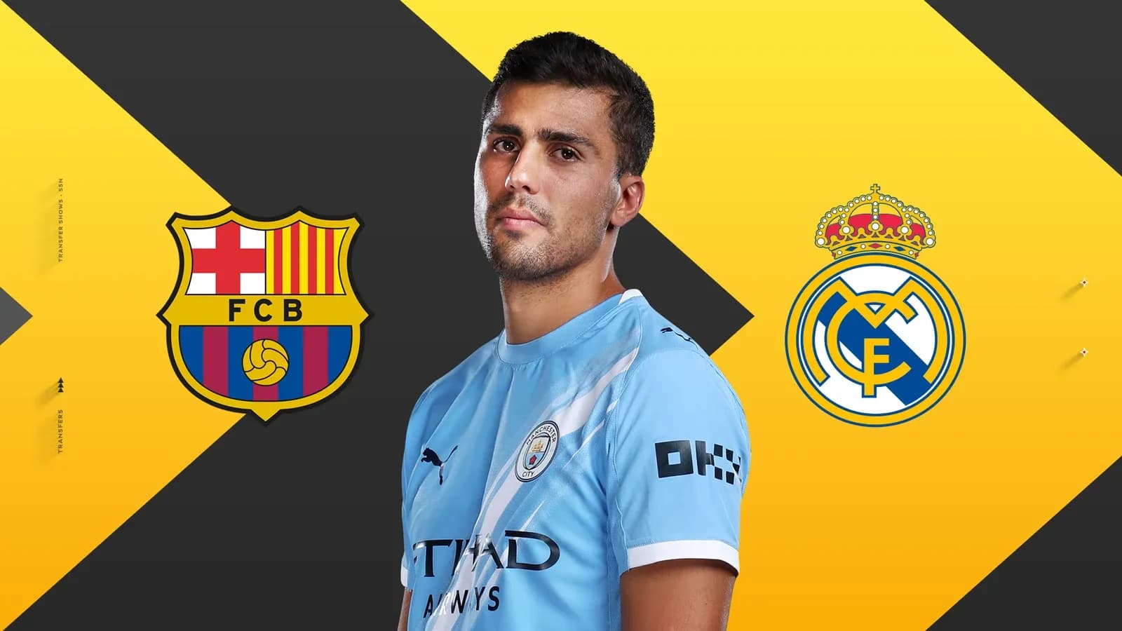 Jugador con camisetas de Barcelona y Real Madrid