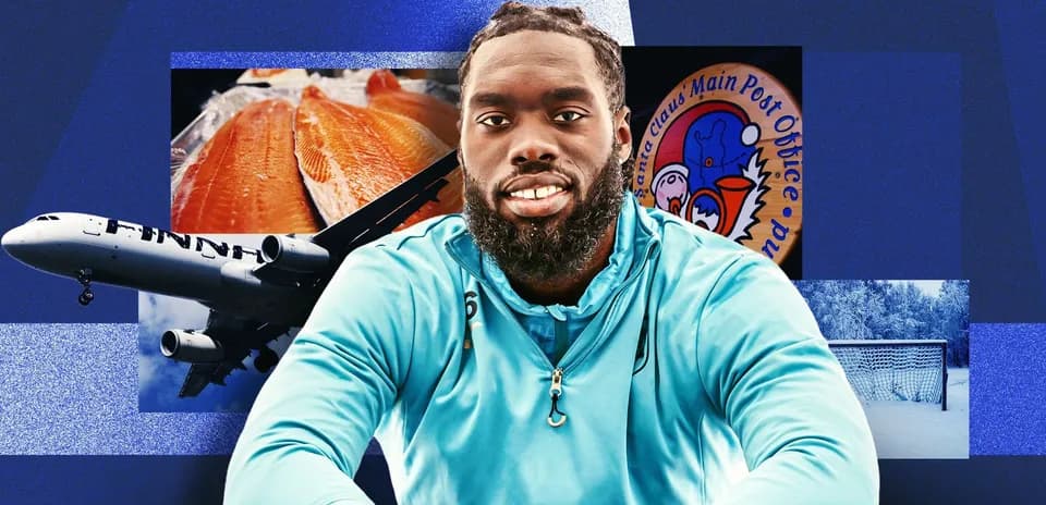 Jugador sonriendo con fondo de avión y salmón