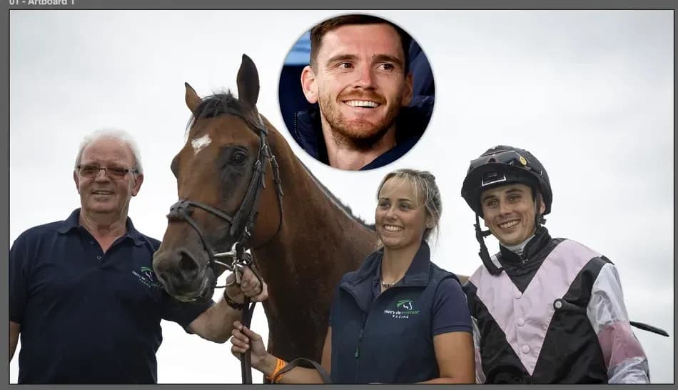 Tres personas posando con un caballo en hipódromo
