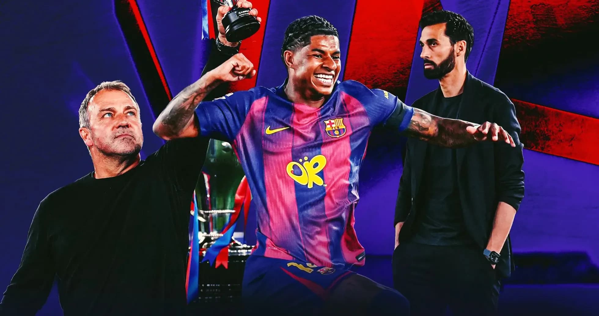 Jugador de Barça celebrando con trofeo, entrenadores observando