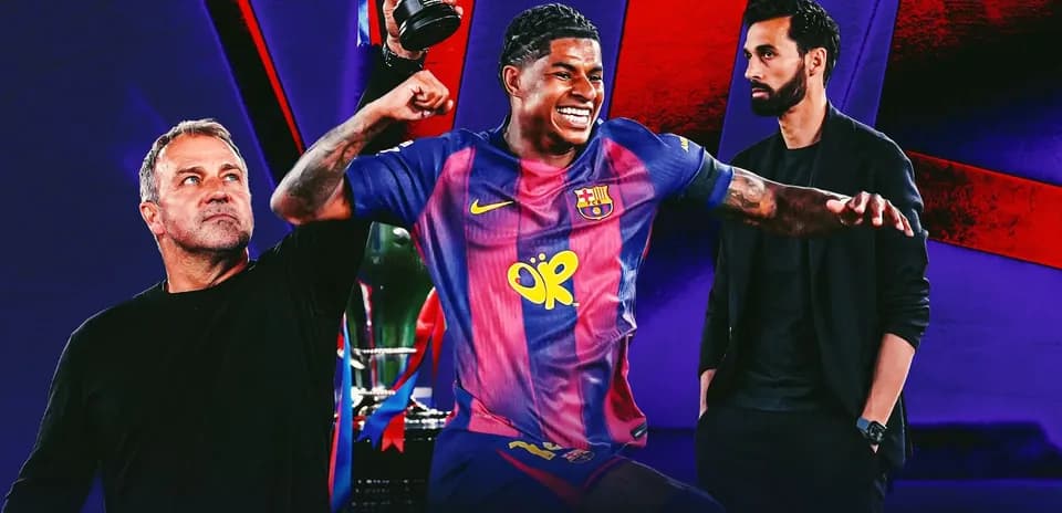 Jugador de Barça celebrando con trofeo, entrenadores observando