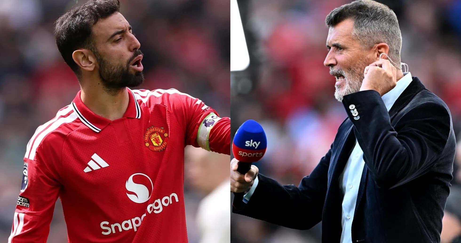 Bruno Fernandes y Roy Keane en evento de fútbol