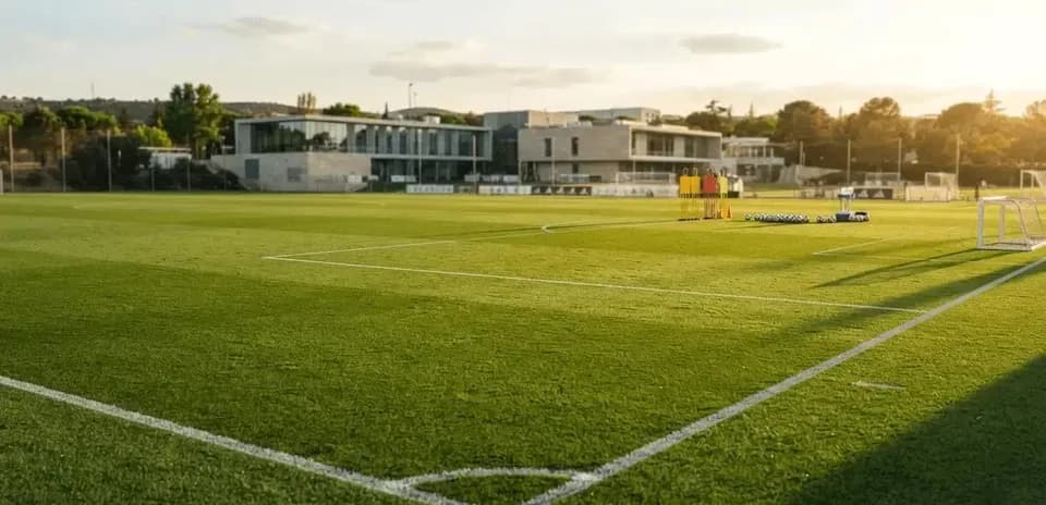 Campo de entrenamiento de fútbol con equipo preparado