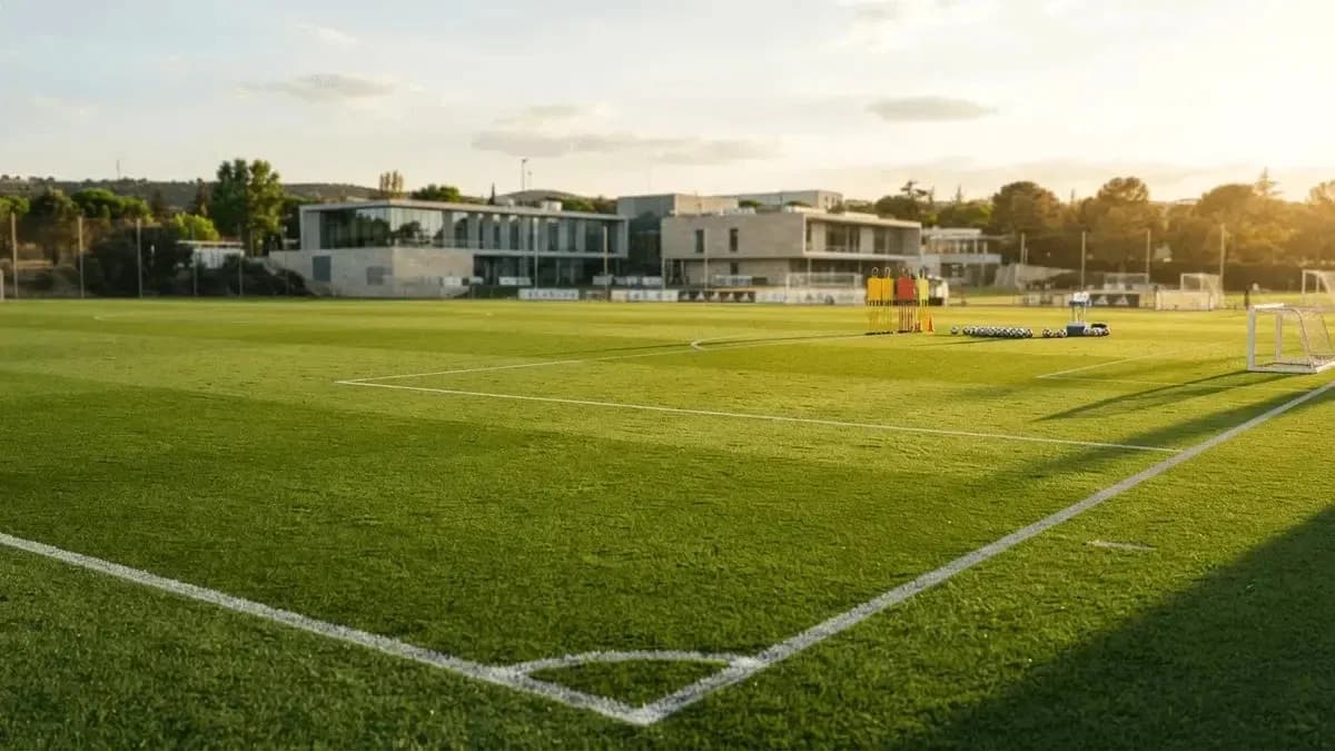 Campo de entrenamiento de fútbol con equipo preparado