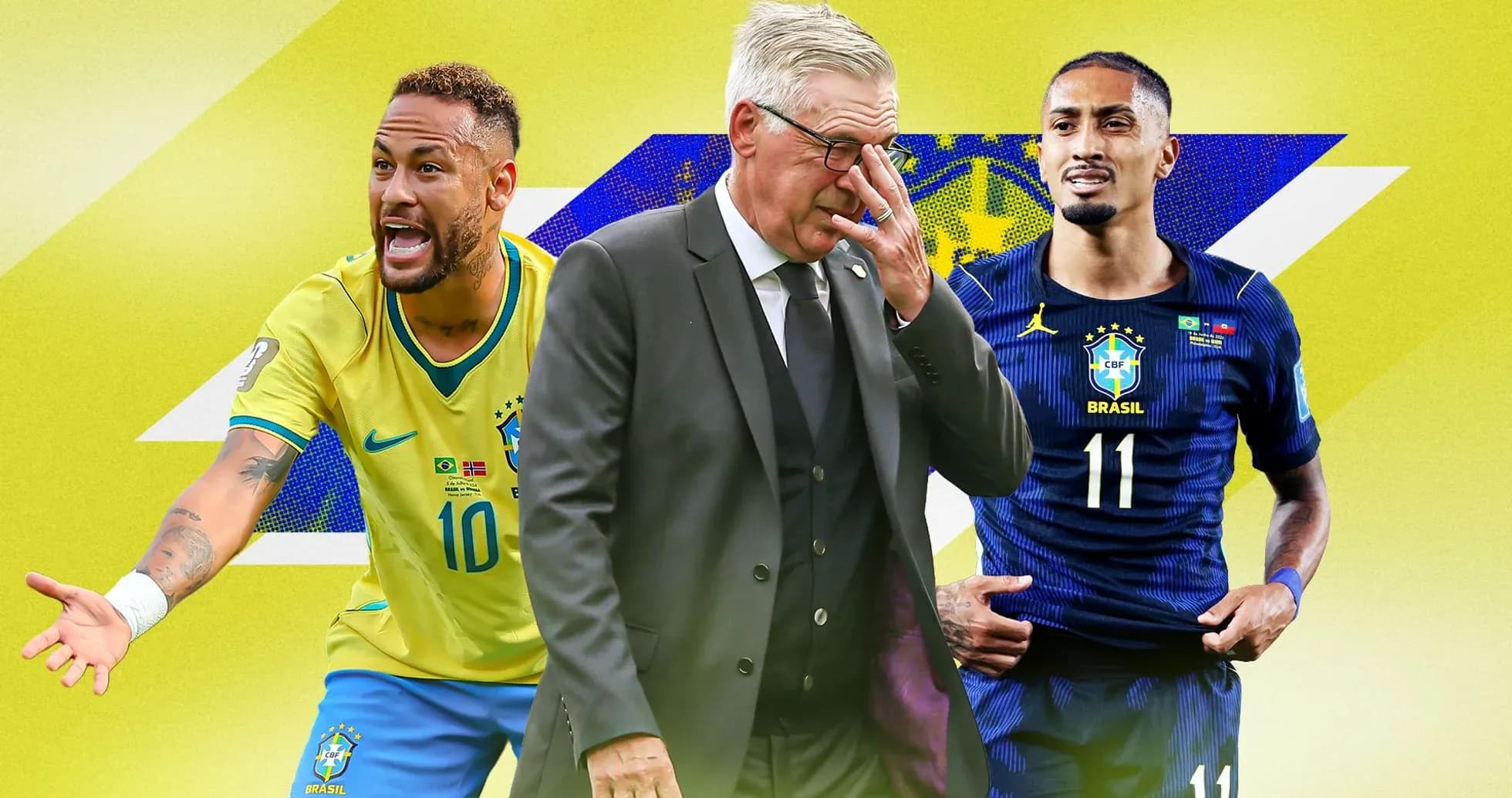 Jugadores de Brasil y entrenador en fondo amarillo