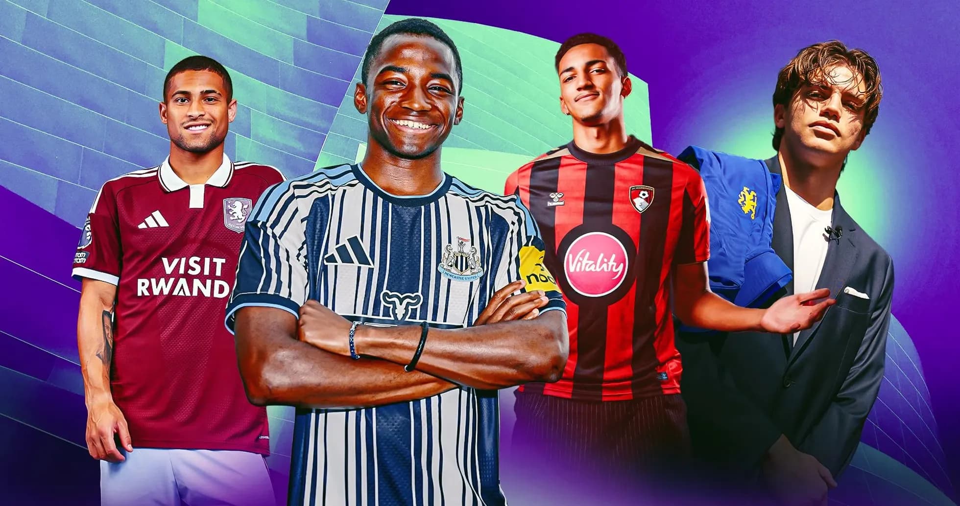 Cuatro jugadores de fútbol posando en uniforme