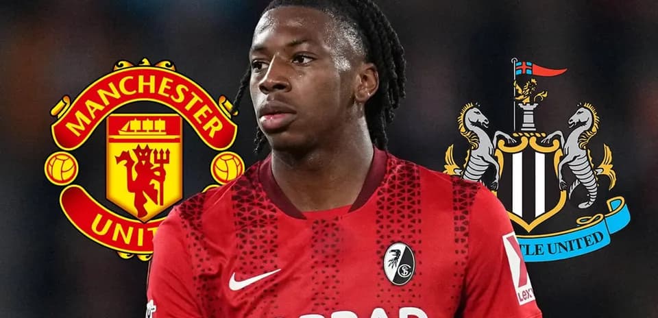 Jugador de fútbol con logos de Manchester y Newcastle