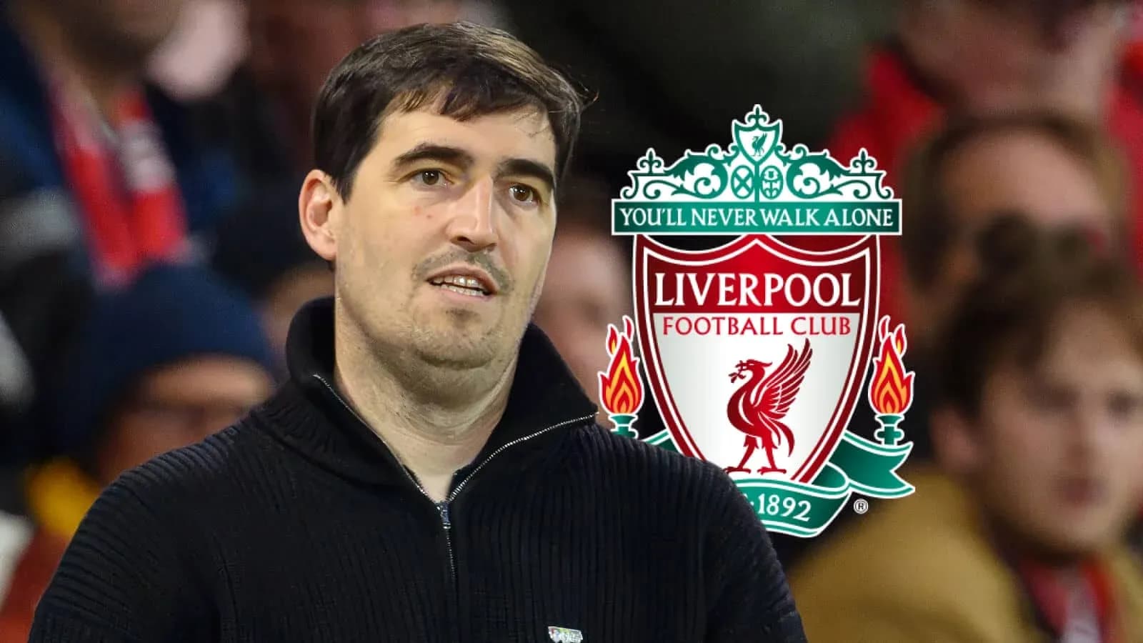 Hombre en el estadio con logo de Liverpool FC