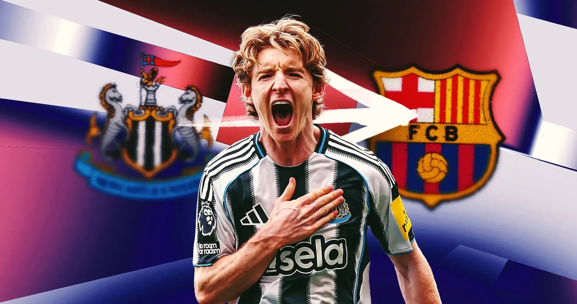 Jugador de Newcastle celebrando con escudos de Barcelona y Newcastle