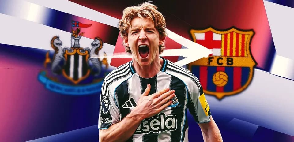 Jugador de Newcastle celebrando con escudos de Barcelona y Newcastle