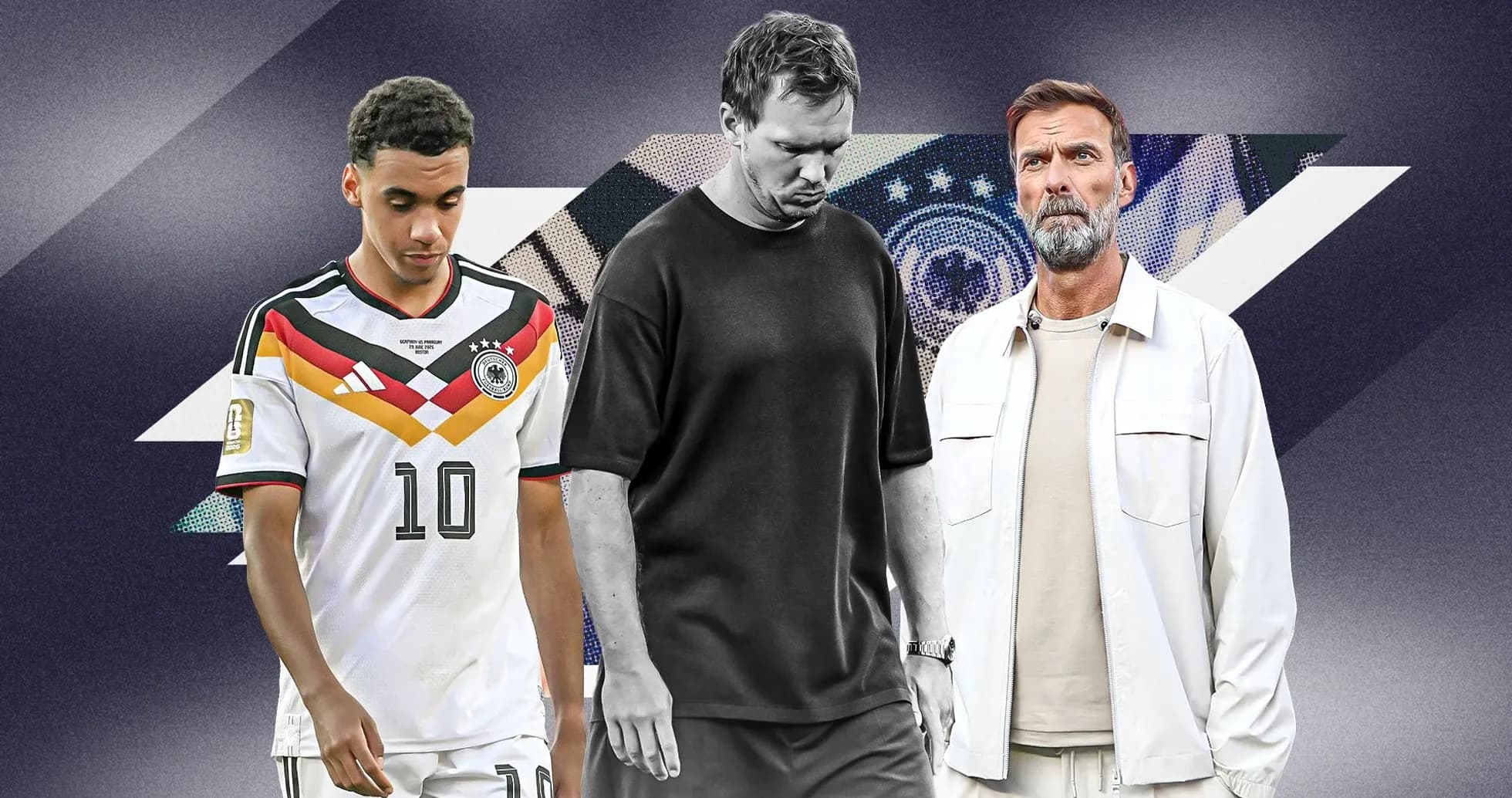 Tres personas, un jugador y dos entrenadores en fondo gráfico