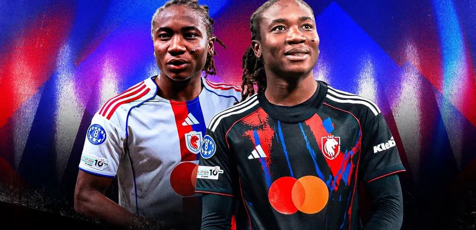 Dos jugadores con camisetas de equipo en fondo colorido
