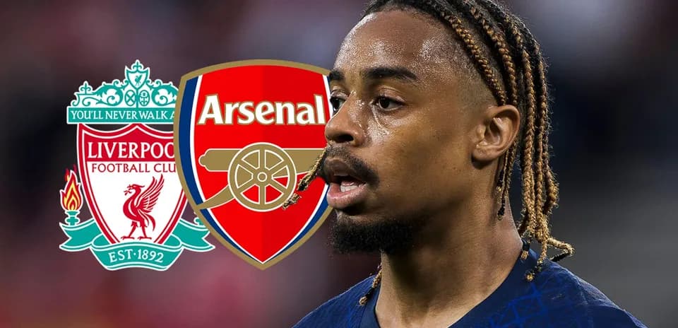 Jugador con cabello trenzado junto a logos de Liverpool y Arsenal