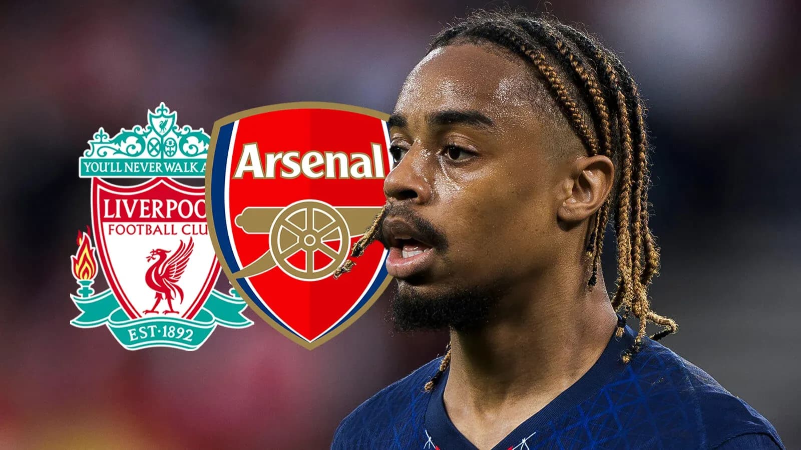 Jugador con cabello trenzado junto a logos de Liverpool y Arsenal