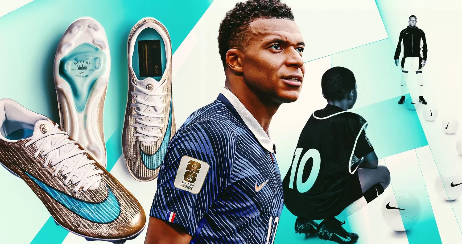 Kylian Mbappé con botas de fútbol y niño entrenando