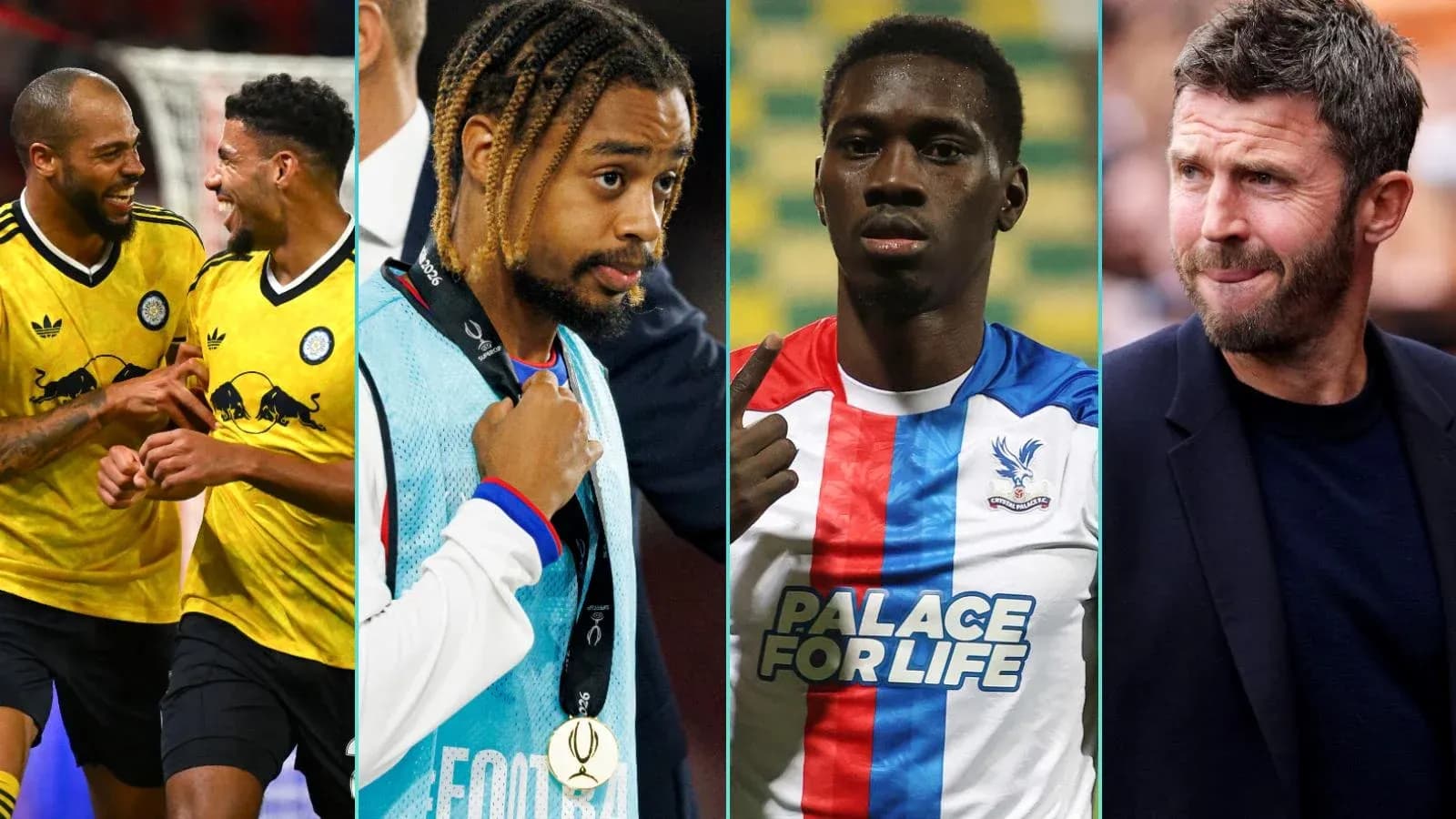 Jugadores y entrenador de fútbol en diferentes momentos