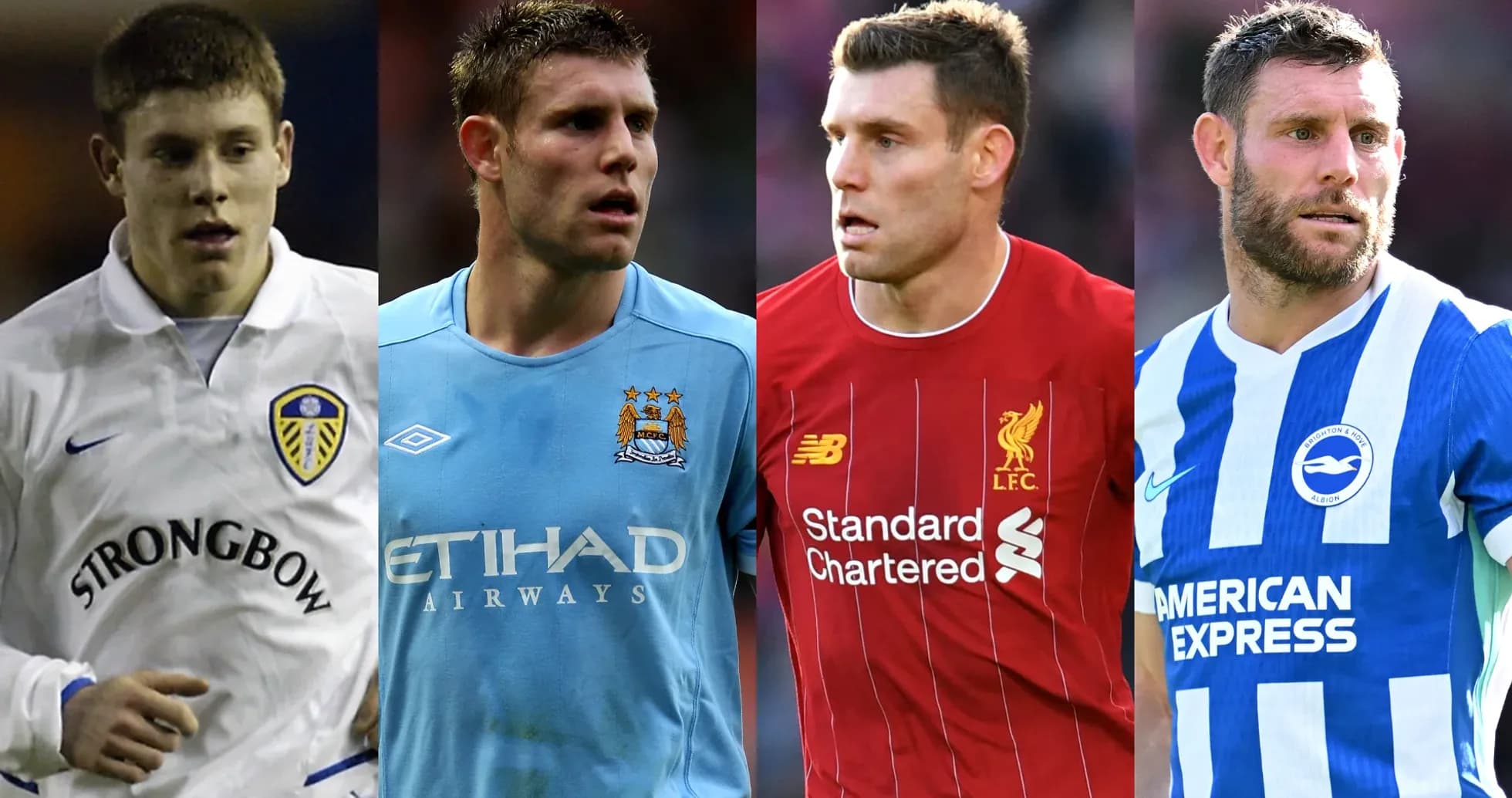Cuatro jugadores de fútbol en diferentes camisetas de equipos