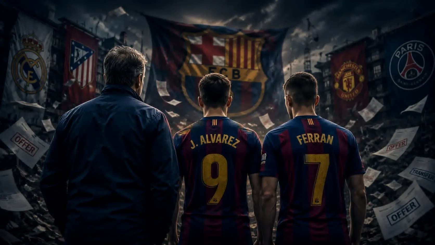 Jugadores de Barcelona con camisetas y manager de espaldas