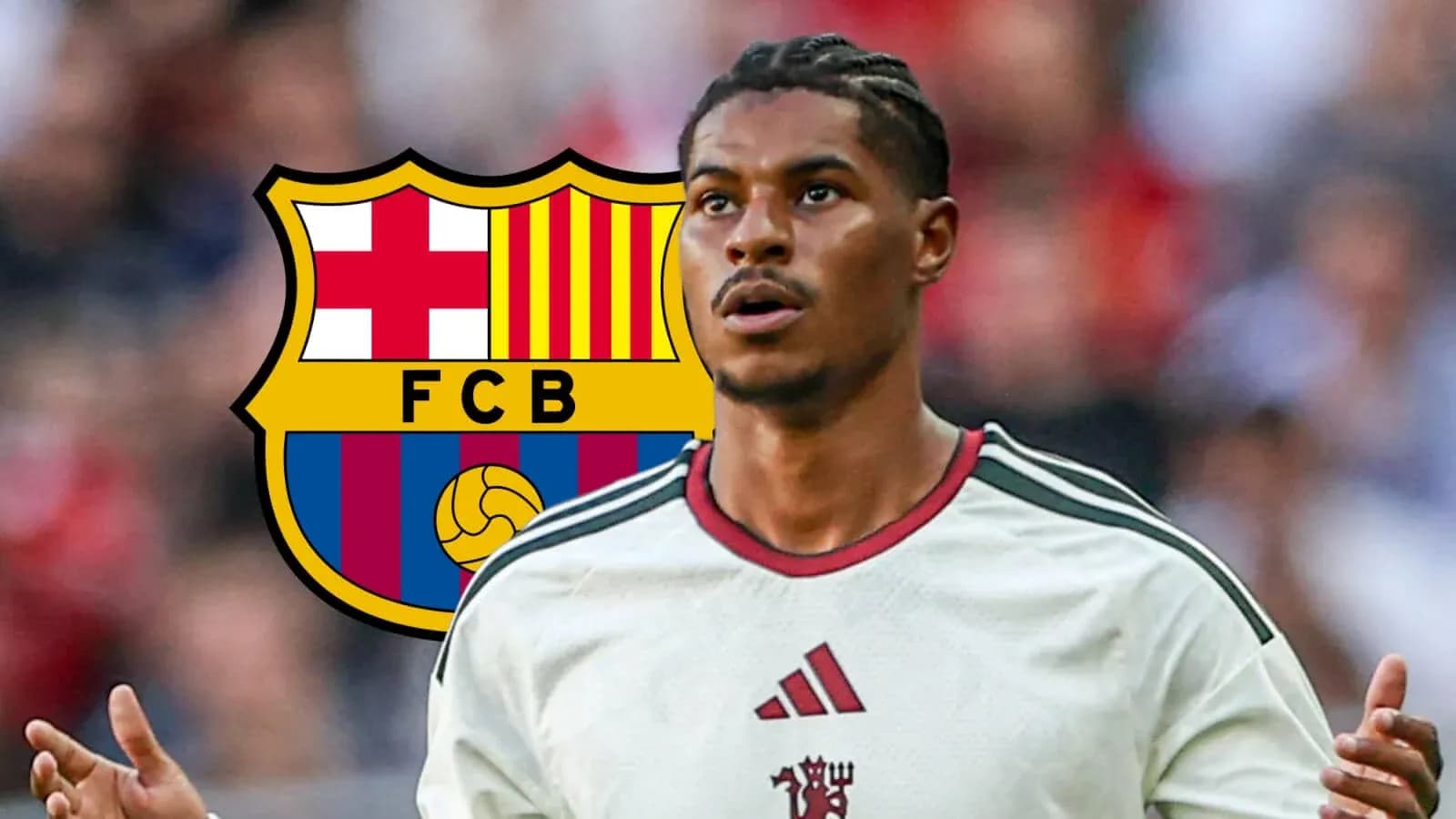 Jugador de fútbol frente al escudo del FC Barcelona