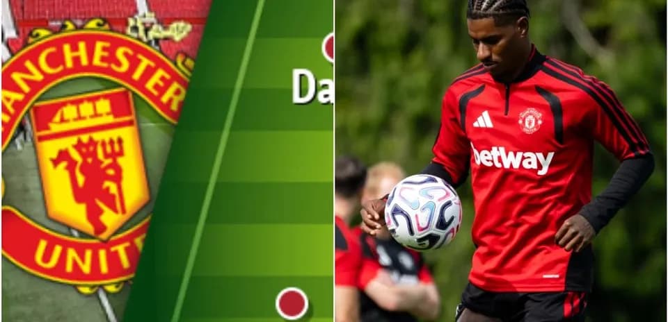 Logotipo de Manchester United y jugador entrenando