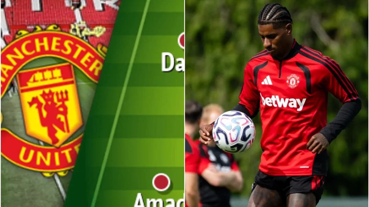Logotipo de Manchester United y jugador entrenando