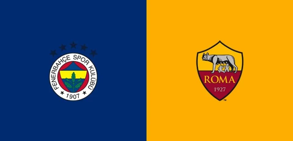 Escudos de Fenerbahçe y Roma sobre fondo colorido