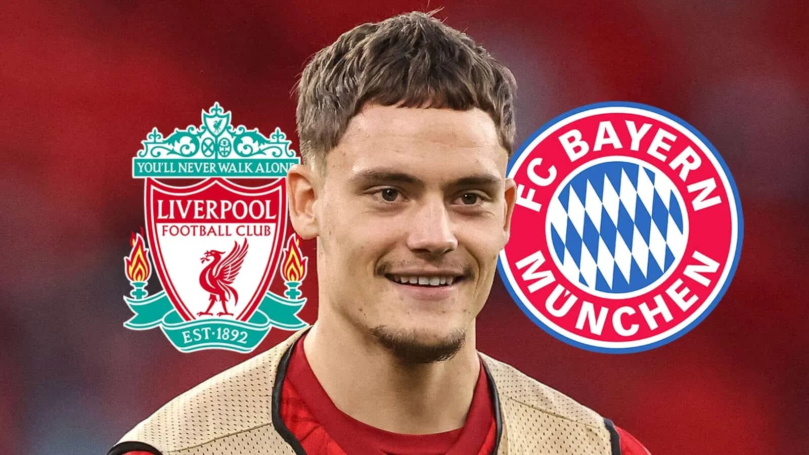 Jugador con logos de Liverpool y Bayern Múnich