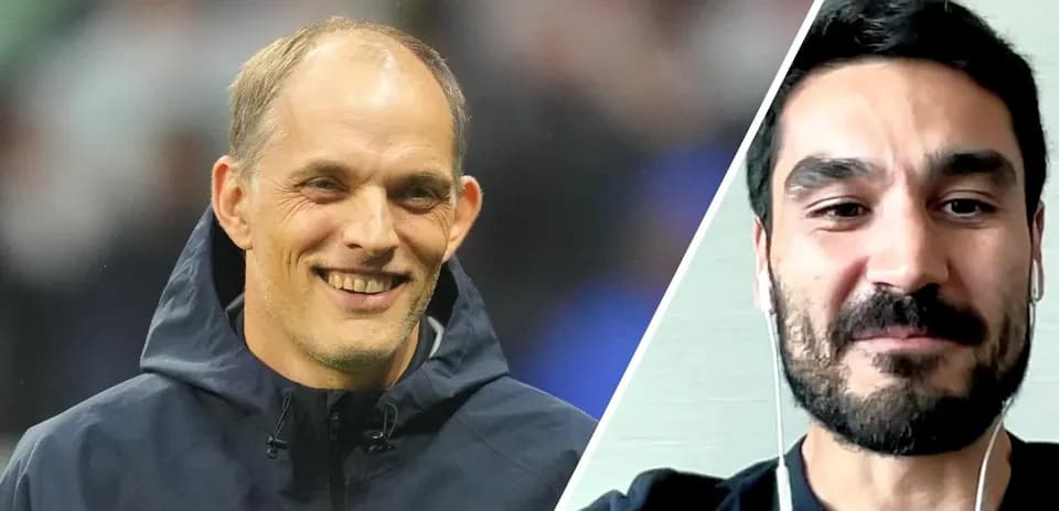Thomas Tuchel y Ilkay Gündogan sonriendo en video llamada