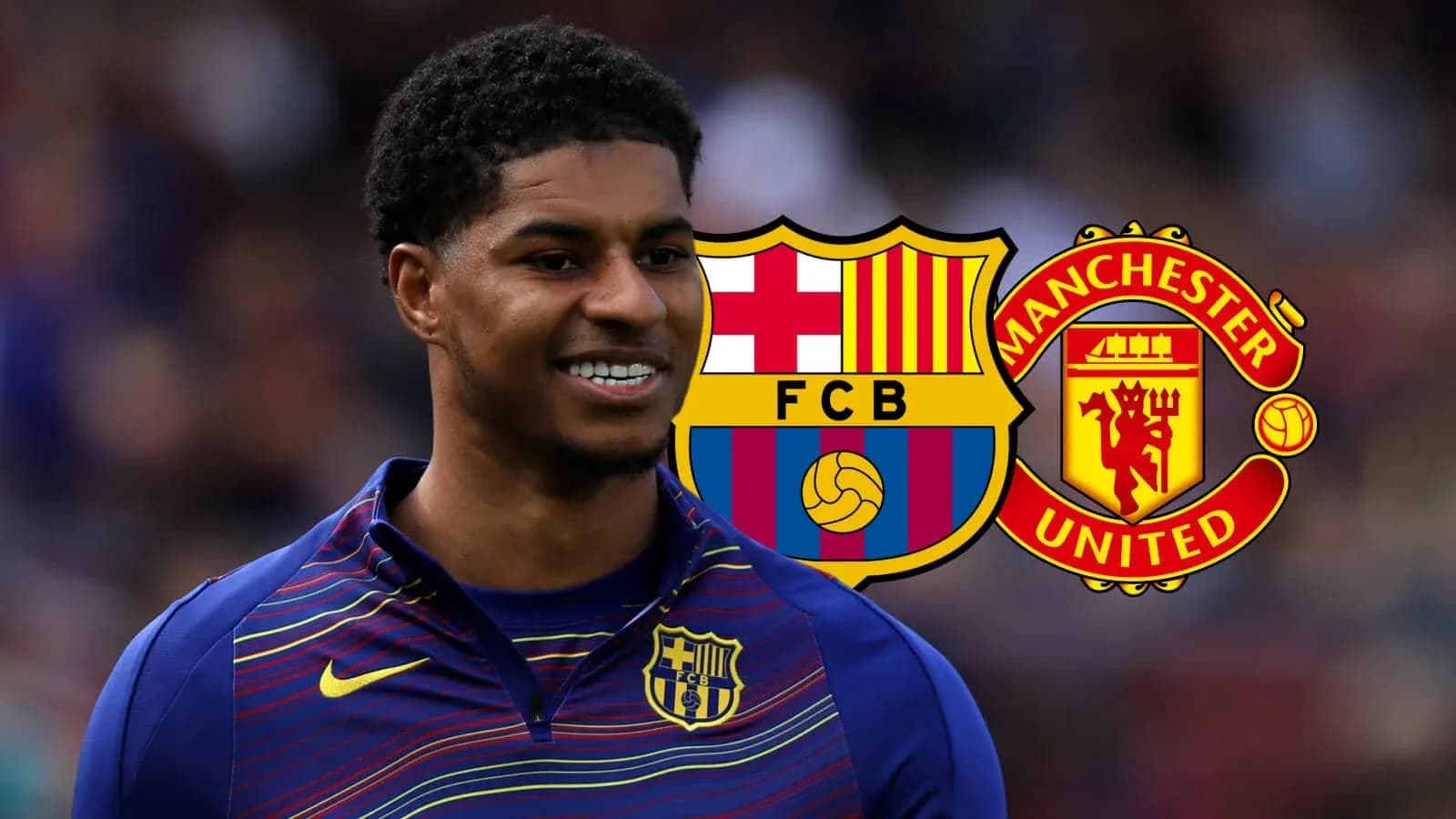 Jugador sonriendo con logotipos de Barcelona y Manchester United