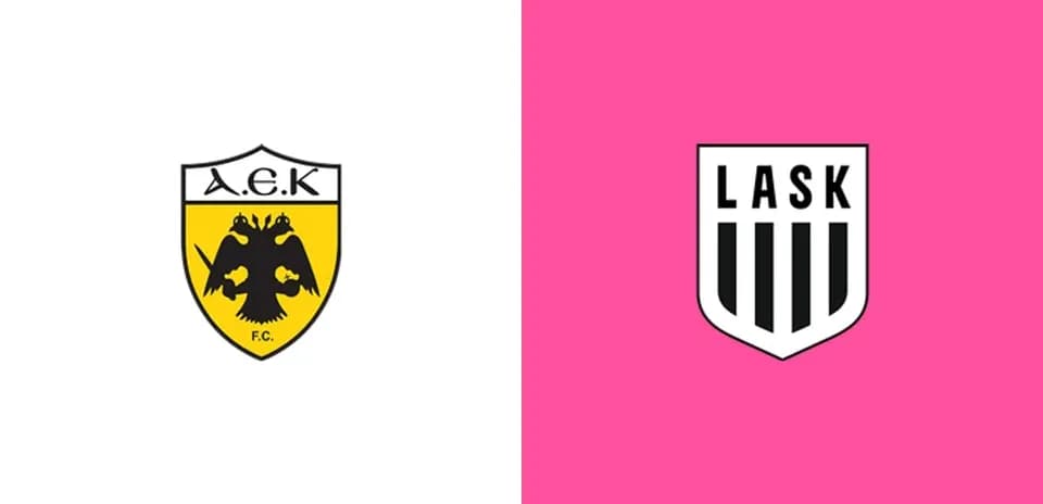 Escudos de A.E.K. y LASK en fondo colorido