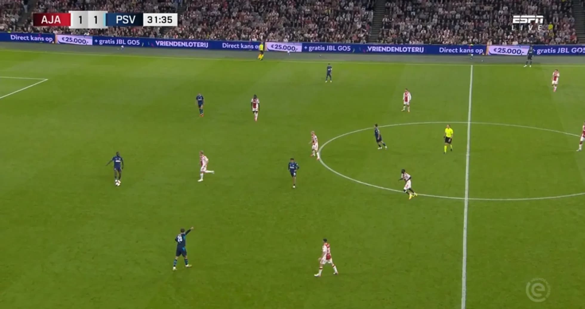 Jugadores de Ajax y PSV en el campo durante partido
