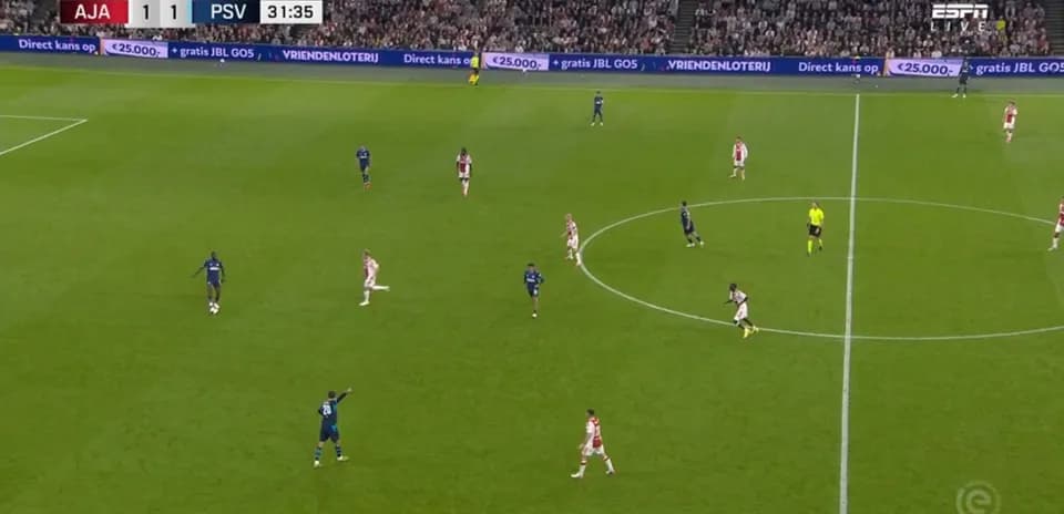 Jugadores de Ajax y PSV en el campo durante partido